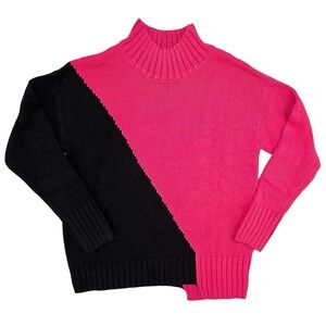 Macaron Pink Black Colorblock Mock Neck Soft Sweater XL Cozy Oversized Knit
